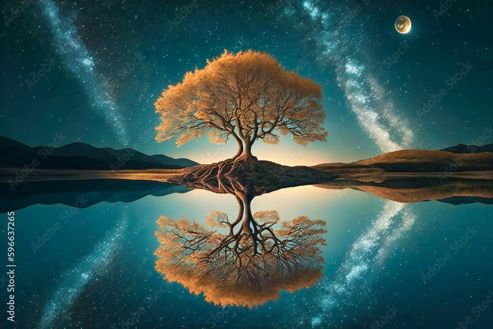 Poster illustration of a lone tree reflected in a lake in the nigh with a starry sky in background. created