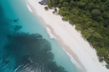 Pristine aerial tropical beach: white sand & blue ocean. Generative AI