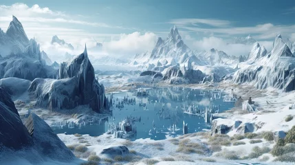 Fotobehang During Ice Age in 10,000 bc with frozen tundra with fjords and lakes scattered throughout. Volcanic activity also shaped terrain, leaving behind fields of lava and geothermal hot springs. AI-generated © bennymarty