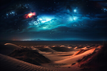 Galaxy starlight over desert dunes in the night. Dreamy landscape. Created with Generative AI technology.