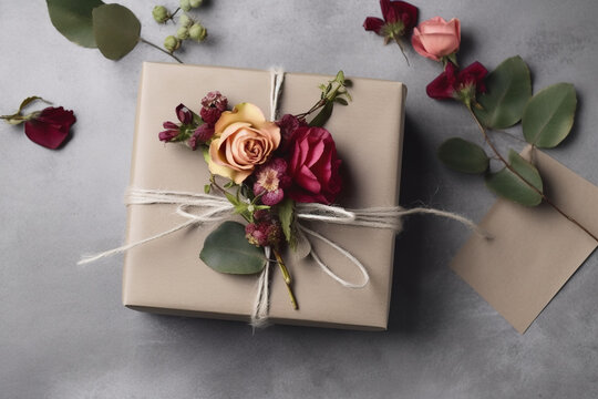 Present wrapped in kraft paper decorated with plants. AI generated image.
