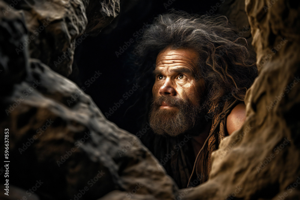 Poster prehistoric man in a cave. created with generative ai technology.