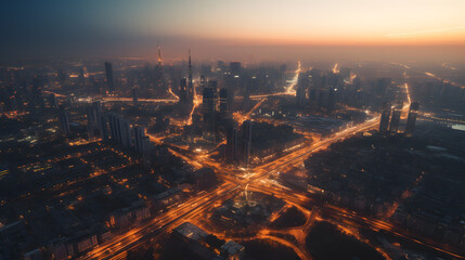 Fototapeta premium An aerial shot of a modern metropolis at sunset, showcasing a stunning skyline and glowing lights below.