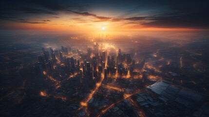 An aerial shot of a modern metropolis at sunset, showcasing a stunning skyline and glowing lights below.
