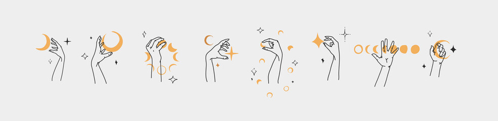 Hand drawn vector abstract outline,graphic,line set magic human hand with moon and star logo in minimalistic modern style.Moon and star sign outline design concept.Outline astrology line art isolated. - 596638061