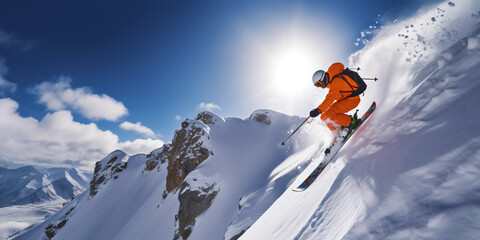 Naklejka na ściany i meble extreme skiing, pro skier cliff jump, winter mountain panorama with blue sky, generative ai