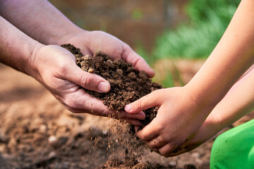 Generations sharing the earth. Father offering soil to his son hands on a vegetables plantation