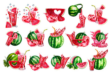 Set of juicy watermelon and watermelon juice. Watercolor hand drawn illustration. Isolate. For labels, packaging, banners. For textiles, prints and stickers, for menus, invitation and greeting cards.