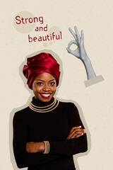 Portrait of young girl folded arms headwrap feel independence confidence strong beautiful slogan...