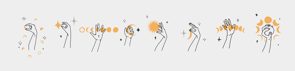 Hand drawn vector abstract outline,graphic,line set magic human hand with moon and star logo in minimalistic modern style.Moon and star sign outline design concept.Outline astrology line art isolated.