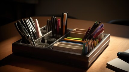 A close-up of a desk organizer with pens and other office supplies

