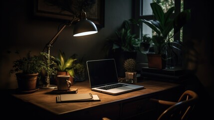 A potted plant and desk lamp on a computer workstation
