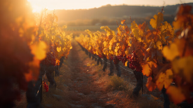 rang&eacute;es de pieds de vignes en automne au petit matin