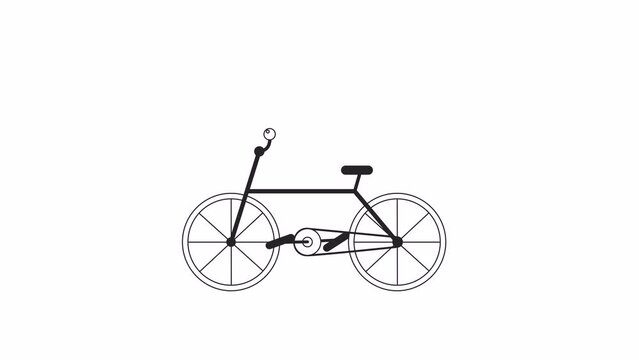 Animated bw riding bicycle. Black and white thin line icon 4K video footage for web design. Leisure cycling. Mountain bike isolated monochromatic flat object animation with alpha channel transparency