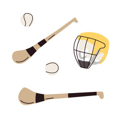 Hurling game stick, ball and helmet icons. Gaelic football sport equipment. Vector illustration isolated on white background. - obrazy, fototapety, plakaty