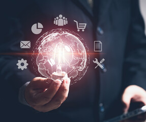 Cloud computing concept. Business people use the cloud as an enterprise data storage tool in various sectors: industry, finance, banking, agriculture, education, engineering, music.