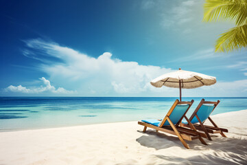 Two beach chairs with an umbrella in summer vacation and a blue sky for ultimate relaxation.