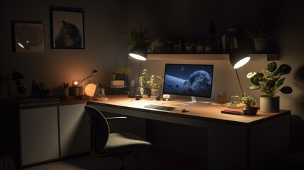 A view of a workstation with a mini Zen garden stress relief.
