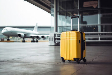 Suitcases in airport departure lounge, airplane in background. Generative AI.