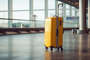 Suitcases in airport departure lounge, airplane in background. Generative AI.