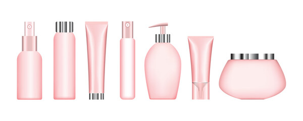 set of pastel pink plastic beauty containers cream lotion spray oil shampoo hand soap gel milk balm vector illustration Simulate the packaging of cosmetic products in tubes and bottles.