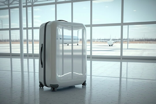 modern white suitcase at the airport. travel and journey concept. AI Generated