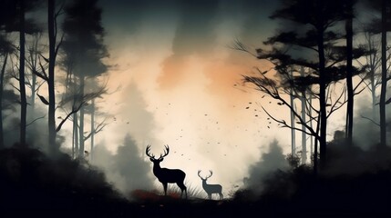 a coniferous forest with deer in the foreground, dreamlike watercolor style. generative AI