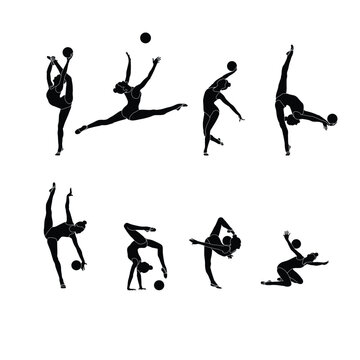 Ball Rhythmic Gymnastics set flat sihouette vector. Rhythmic Gymnastics female athlete black icon on white background.