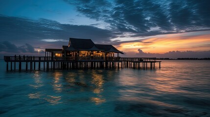 A Maldives Paradise: Generative AI-Generated Sunset View of Water Villas on a Resort Island