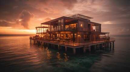 A Maldives Paradise: Generative AI-Generated Sunset View of Water Villas on a Resort Island