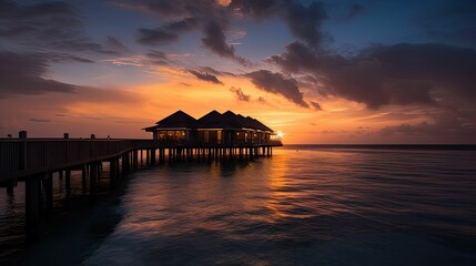 Fototapeta na wymiar A Maldives Paradise: Generative AI-Generated Sunset View of Water Villas on a Resort Island
