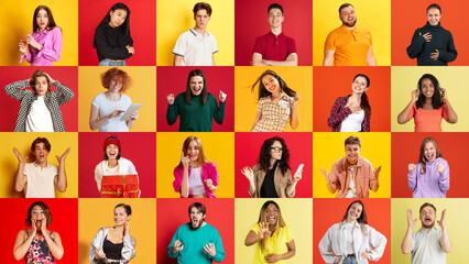 Obraz na płótnie Canvas Collage with young ethnically diverse people, men and women expressing different emotions over yellow and red studio background. Shock, surprise, joy