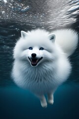husky spitz dog diving underwater 