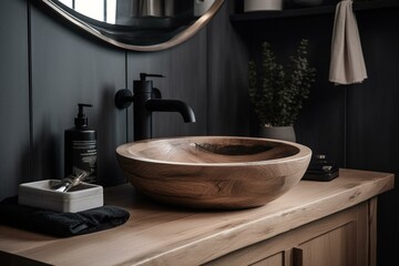 Fototapeta na wymiar 3D illustration of wooden oak top bathroom vanity basin with black faucet. Generative AI