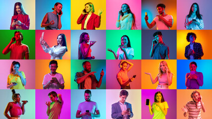 Collage of large group of ethnically diverse smiling people, men and women using smartphone over multicolored background in neon light. Social networks - obrazy, fototapety, plakaty