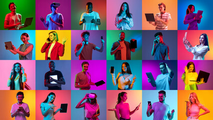 Collage of large group of ethnically diverse people, men and women using different gadgets on multicolored background in neon light. Modern technologies - obrazy, fototapety, plakaty