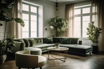 Elegant living room with large green plant, small coffee table & corner sofa. Generative AI