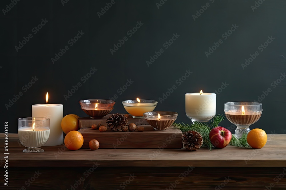 Poster rustic table setting with candles and fruits. generative ai