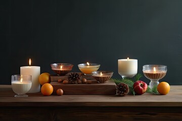 Obraz na płótnie Canvas rustic table setting with candles and fruits. Generative AI