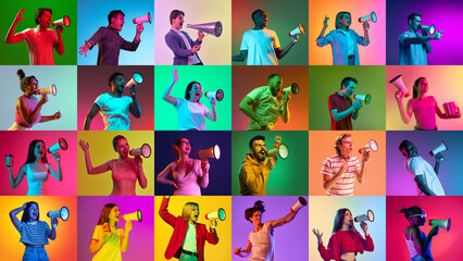 Collage of large group of ethnically diverse men and women shouting through megaphone over multicolored background in neon light. Screaming people