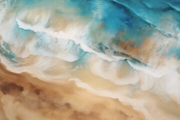 generative AI ilustration watercolor paint of a aerial top view of a beach and ocean waves