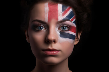 Portrait of a happy woman with her face painted in Union jack Great britain flag. Generative ai