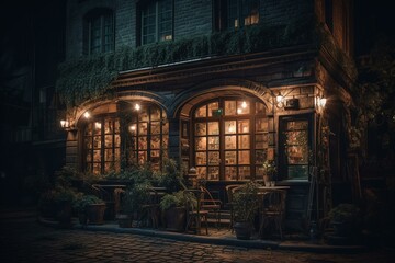 Cafe in the town at night. Image. Generative AI