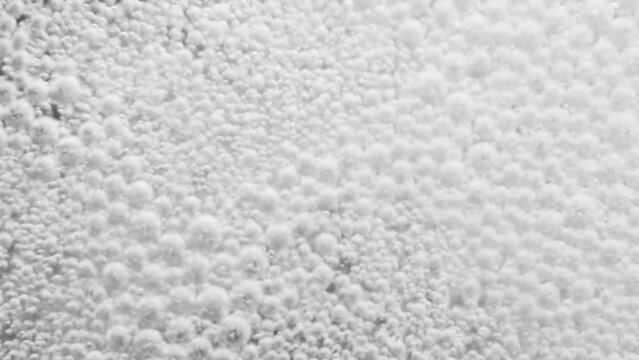 Top view closeup blur scene on chaotic moving pattern of white bright bubble isolated on black background, texture of soda water when gas release, fizz medical drink from antacid pill
