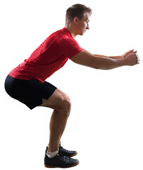 Young caucasian man exercising fitness workout lunges crouching