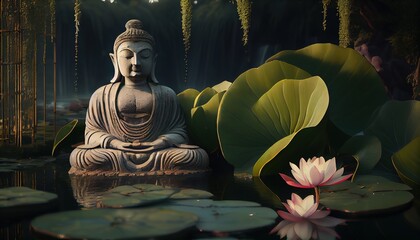 buddha statue in the garden with lotus flower generative ai