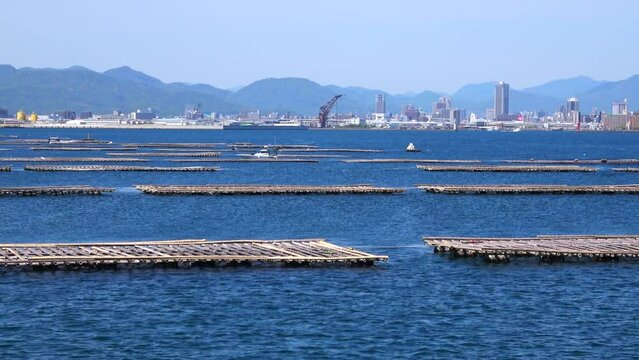 瀬戸内海、広島湾に浮かぶ牡蠣養殖筏と広島市沿岸の風景を船から移動撮影  4K  2023年4月23日