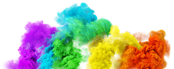 Rainbow color puffs of magic fog or smoke in white background. Color 3D render abstract fog texture on a white background for social fest and fan party