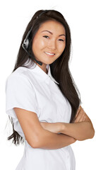 Friendly Asian Woman with Arms Folded Talking on Headset - Isolated