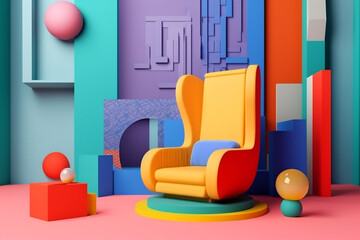 room geometric sofa art home illustration armchair memphis colourful interior design. Generative AI.